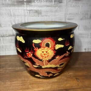 Rare Bombay Oriental Red Gold & Black Dragon Porcelain Fishbowl Planter Pot